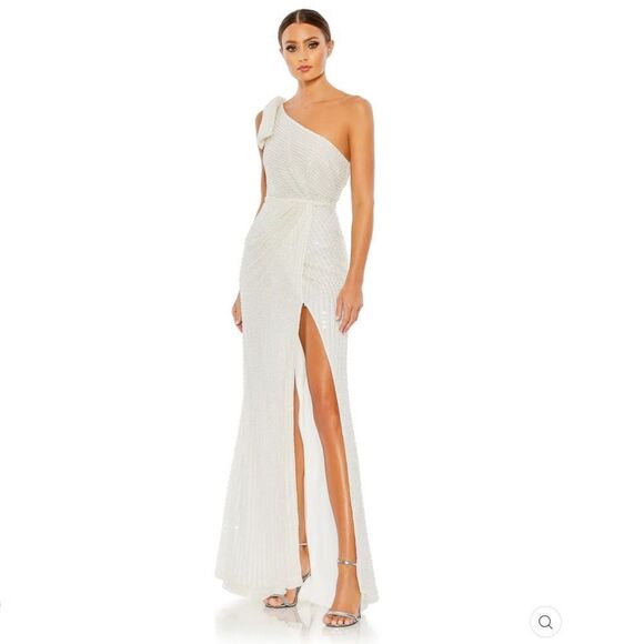 Mac Duggal 93735 Pearl Embellished Soft Tie One Shoulder Gown White - Picture 3 of 17